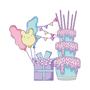 生日快乐礼品盒蛋糕气球卡通矢量图，平面设计
