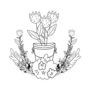 金属桶与花卉花园矢量插图设计图片
