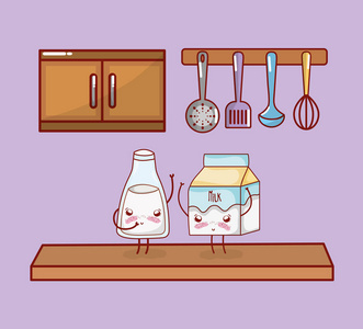 厨房浮动货架与厨房用具和牛奶卡通卡瓦伊可爱卡通