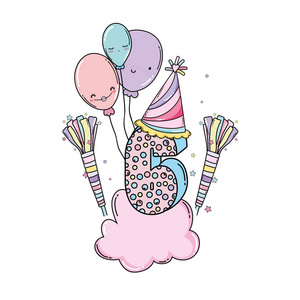 生日快乐六号彩云气球蜡烛卡通矢量图平面设计照片