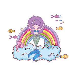 可爱的美人鱼与云和彩虹矢量插图设计