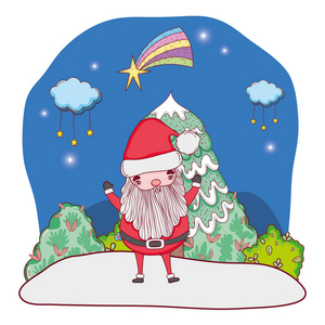 圣诞老人与树在雪景矢量插图设计