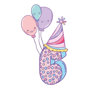 生日六号，有气球和帽子，可爱的卡通片
