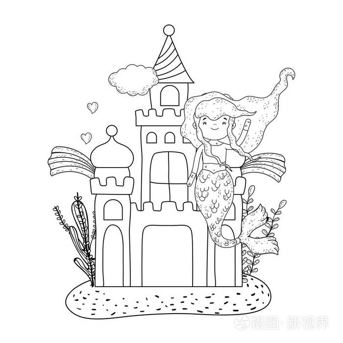 美人鱼与城堡海底场景矢量图设计