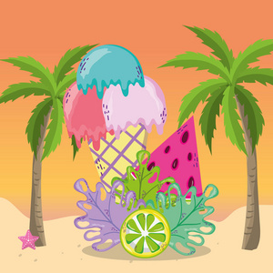 热带海滩风景主题冰淇淋和元素矢量插图平面设计