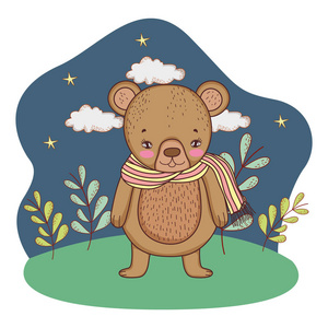 可爱的小熊带着围巾在营地矢量插图设计