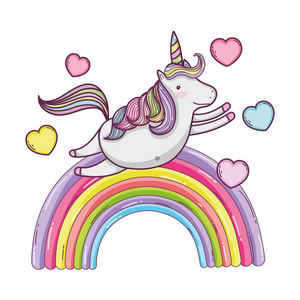 可爱的童话独角兽与彩虹和心矢量插图设计