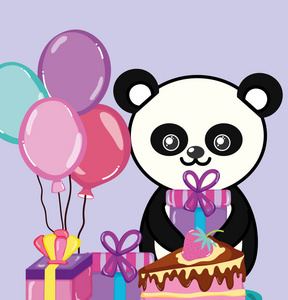 生日派对可爱的熊猫卡通矢量插图平面设计