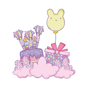 生日蛋糕和礼物云可爱卡通矢量图平面设计