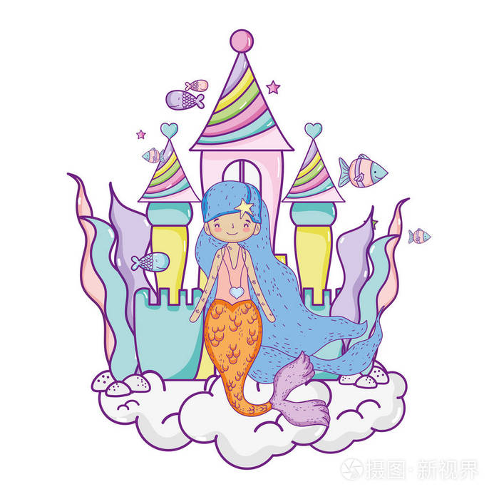 可爱的美人鱼城堡海底场景矢量插图设计