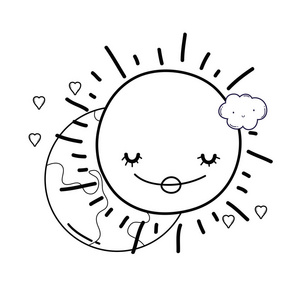 月亮和太阳在爱情中微笑可爱的卡通矢量插图平面设计