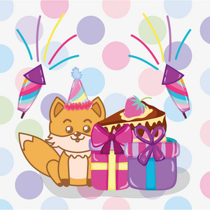 生日派对可爱的狐狸卡通矢量插图平面设计