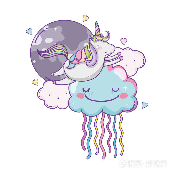独角兽飞上彩虹,彩云飞上月亮卡通矢量插图平面设计