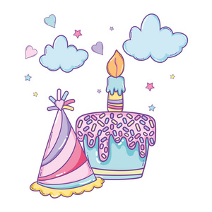 带有蜡烛和帽子的生日蛋糕，可爱的卡通矢量插图，平面设计