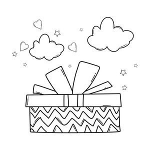 生日礼物盒和云与心和明星可爱的卡通矢量插图平面设计