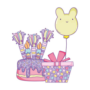 生日快乐蛋糕礼品盒气球可爱卡通矢量插图平面设计