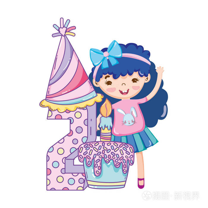 生日快乐第二与女孩和蛋糕可爱卡通矢量图平面设计