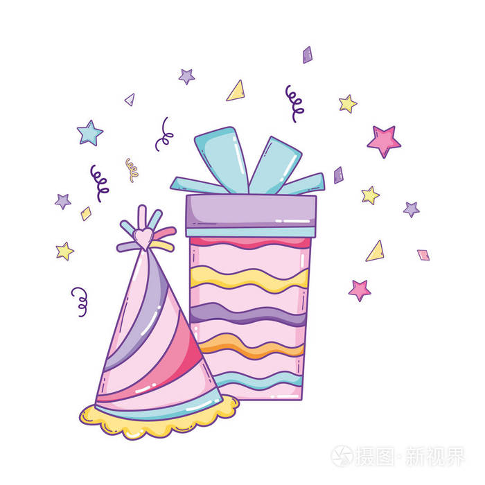 生日礼物盒,帽子,可爱的卡通矢量插图,平面设计