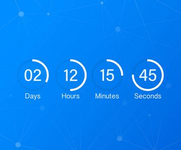 倒计时时钟计数器定时器。Ui 应用数字计数向下圆板仪表与圆时间饼图。网页即将推出的日期小时分钟和秒记分板事件模板