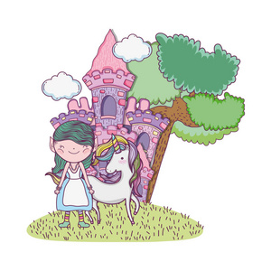 可爱的小仙女与城堡和独角兽矢量插图设计
