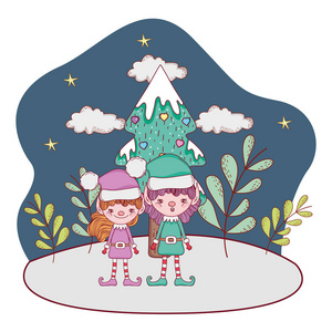 可爱的圣诞老人帮手夫妇在雪景矢量插图设计。
