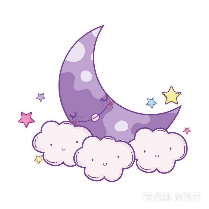 云彩和月亮微笑着与星星可爱的卡通矢量插图图形设计