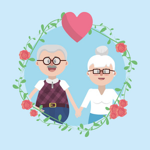 祖父母可爱的夫妇圆形框架卡通矢量插图平面设计