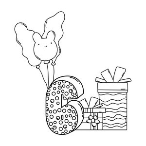 带有气球的生日礼物盒和数字六幅漫画矢量插图平面设计