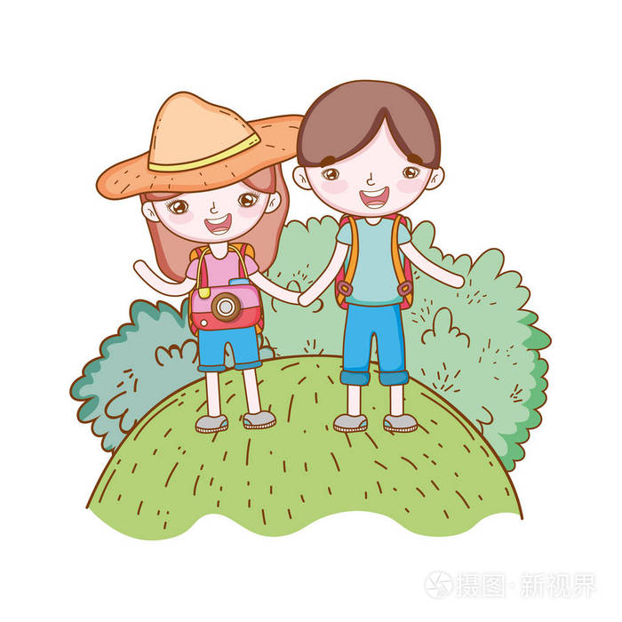 旅行者生态旅游夫妇带帽子相机乡村景观矢量插图平面设计
