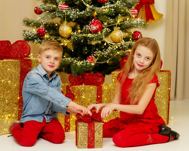 圣诞树附近的男孩和女孩