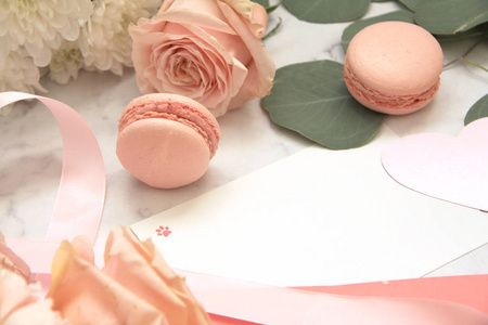 s day, macaroons, rose, eucalyptus, pink envelope