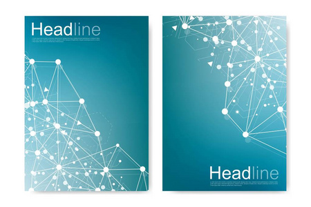 科学的宣传册设计模板。矢量海报布局 分子结构与连接的线和点。科学模式原子 Dna 与杂志 传单 封面 海报设计元素
