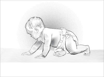 爬行的婴儿。动画片婴儿学习爬行