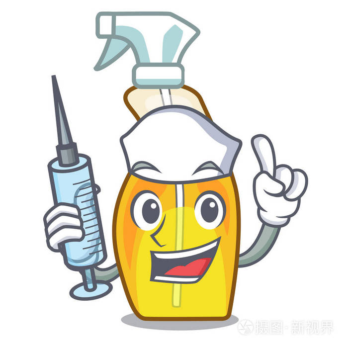护士在卡通瓶矢量插图中喷香水