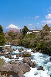 富士山与日本静冈乌瑞川河的景色。