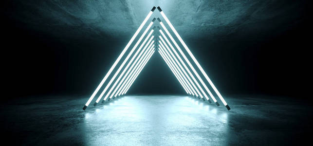 现代未来派霓虹灯三角形白冰蓝紫外透明管灯管复古风格上格反射混凝土空暗三维渲染插图