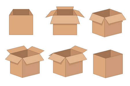 纸箱交付和储存包装开箱套。在白色背景查出的向量例证