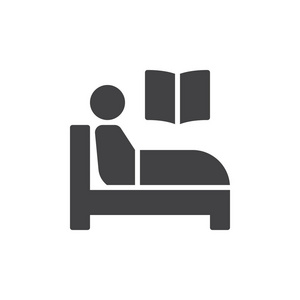 阅读书籍在床上图标矢量填充平面标志固体象形文字隔离在白色上。 符号标志插图。 像素完美