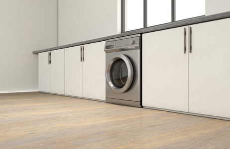 一个非常干净的空厨房的内部，有一排内置的橱柜和一台通用洗衣机3D渲染