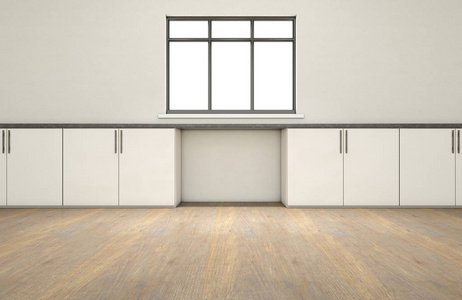 一个非常干净的空厨房的内部，有一排内置的橱柜，有一个空的间隙和一个清晰的窗口3D渲染。