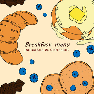 卡通风格的早餐菜单手绘插图。 香水