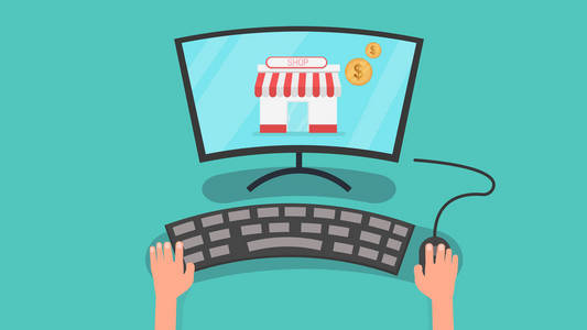 手使用电脑与商店和硬币矢量插图。 个人电脑和购物在线概念。利润与在线业务。