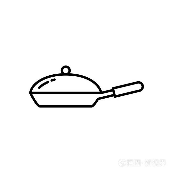带有盖子图标的煎锅. 厨房用具用于烹饪插图. 简单的细线风格符号.