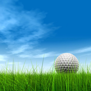 绿色，清新自然的草地，有高尔夫球和天空背景