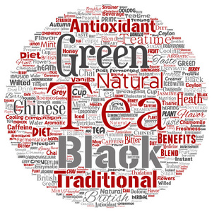 矢量概念绿茶或红茶饮料文化圆形红色自然风味，味道品种词云隔离在白色背景上