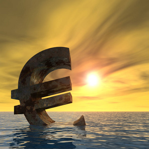 概念3D货币欧元标志下沉在海水或海洋日落背景概念的欧洲危机旗帜。