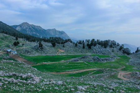 山地岩石景观松林和绿色草地。 n.莱西亚的方式。 自然背景