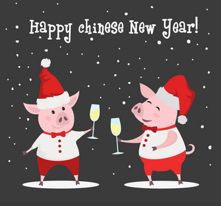 戴着香槟的圣诞帽的可爱猪。 矢量图。