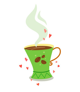 一个独特而可爱的咖啡杯，有卡通风格的心脏。 白色背景上的矢量插图。