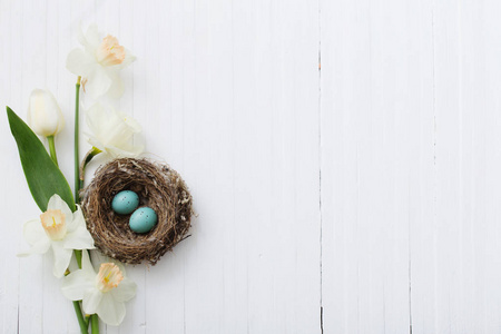 复活节彩蛋，巢中有春花，背景木